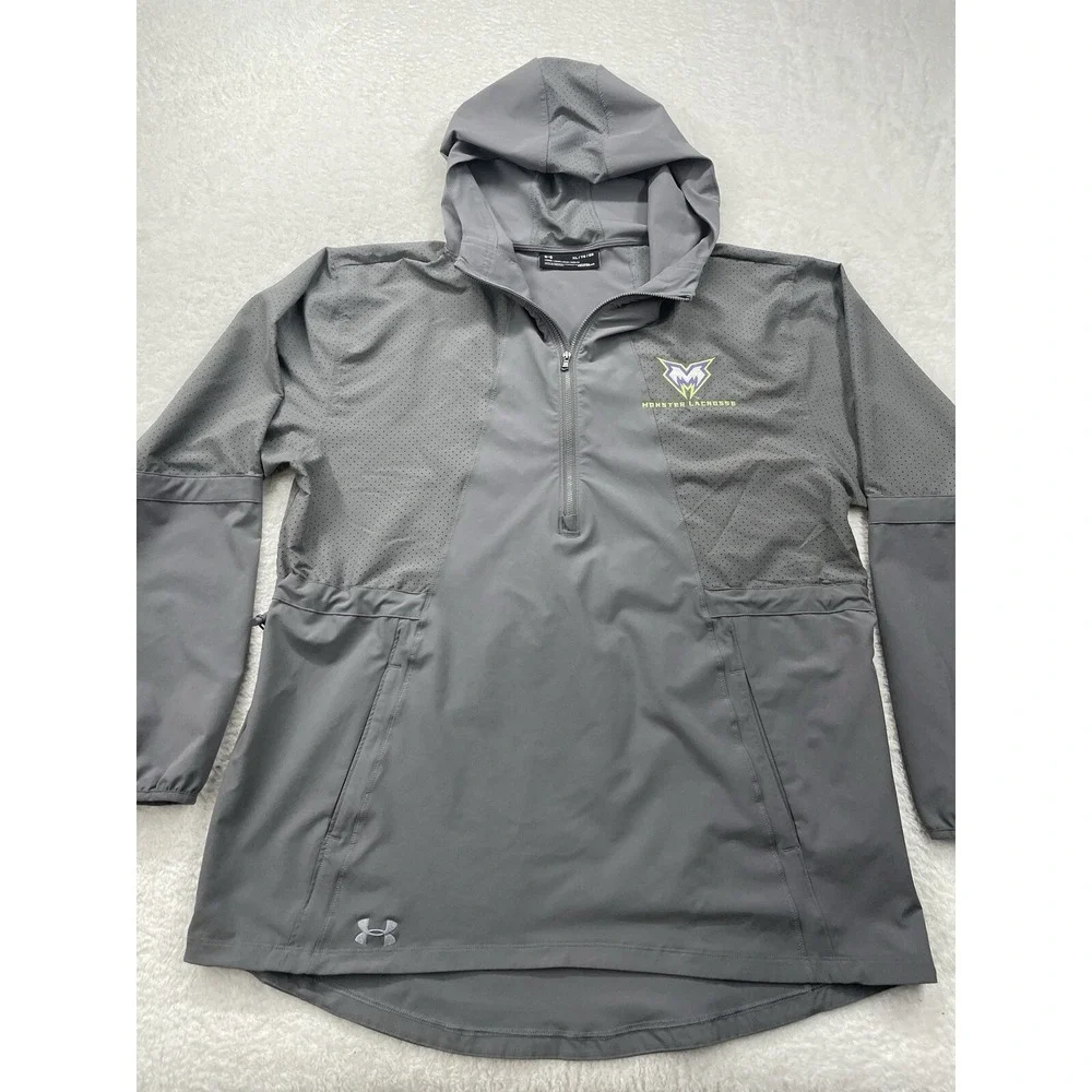 Under Armour‎ Mens XL Grey Monster Lacrosse HeatGear 1/4 Zip Hooded Windbreaker